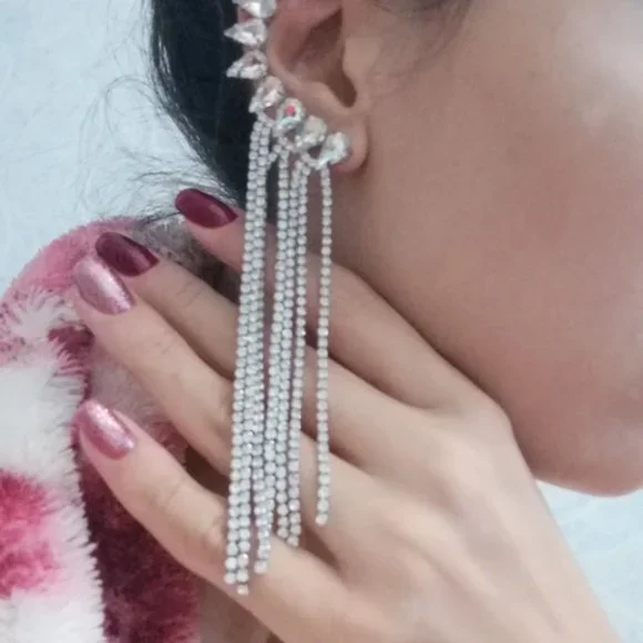 Long Tassel Rhinestone Drop Earrings - Picture 5 of 15